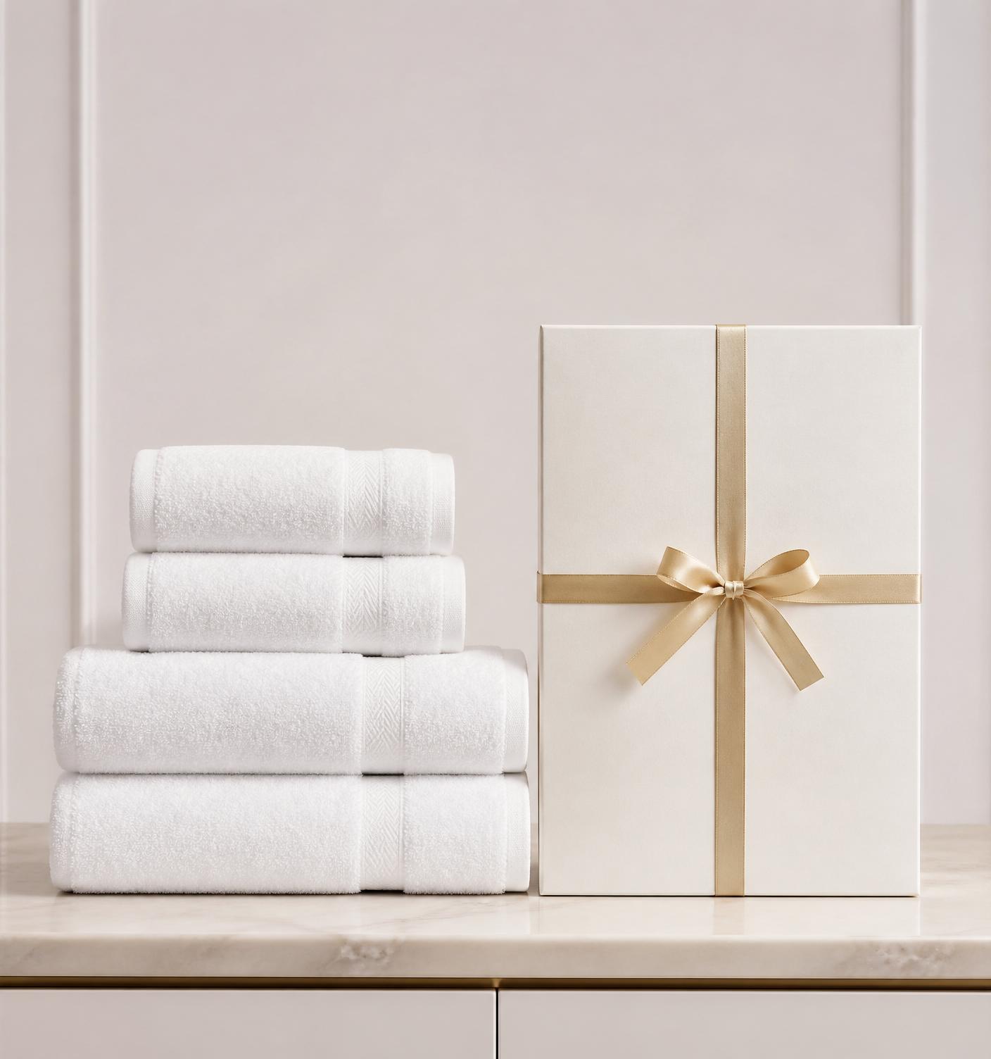 White towels arranged beside premium ivory gift packaging with gold ribbon